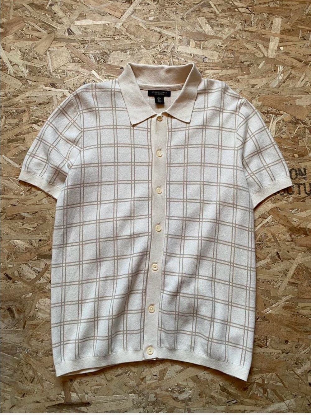 Ethan Pierce Short Sleeve Button-Front Knit Shirt - Cream Plaid